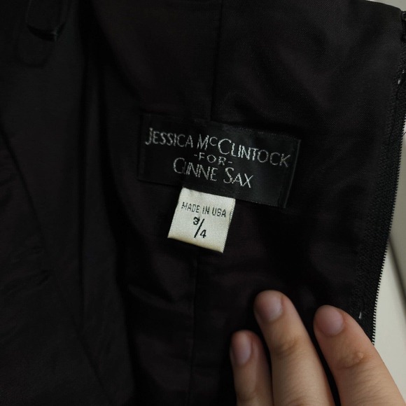 Jessica Mcclintock Gunne Sax Dress Black Satin White Bow Tea Evening Gown Vtg 4 - Picture 10 of 12